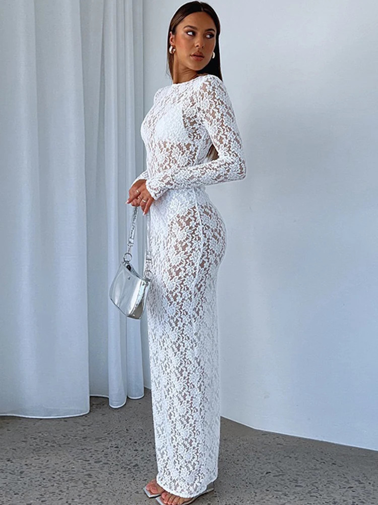 Trendix Sexy Lace See Through Dress Womens Solid Long Sleeve O Neck Elegant Evening Dresses Fashion Hollow Beach Party Dress 250320