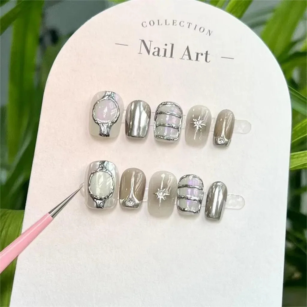 Y2k Metallic Style Handmade Wearable Nails Black Pink tie Fake Nails Super Cool Short Press-on Nails Handmade press on French 250319