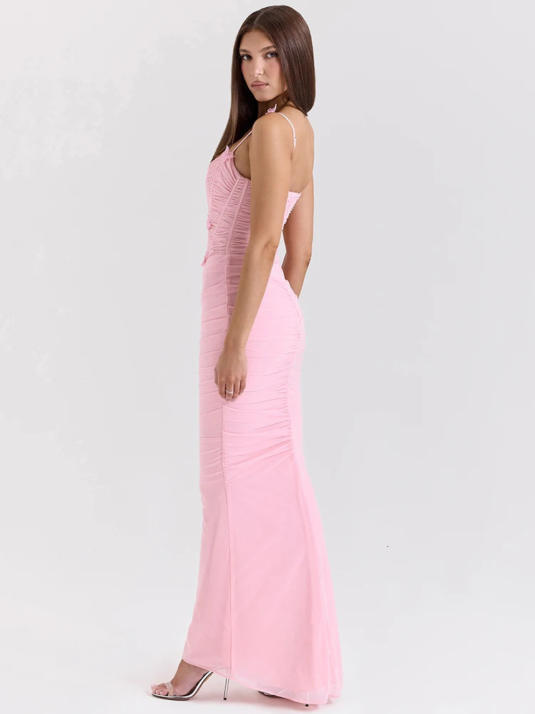 JULISSA MO sexy spaghetti strap Ruched womens Maxi dress pink backless high waisted summer ultrathin vacation party club uniform 250317