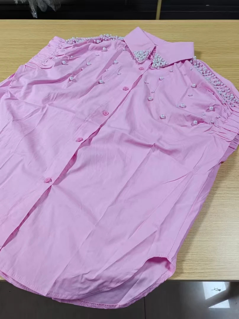 Real Po Pearls Beads Stitch Cotton Loose Casual Elegant Shirts Blouses For Women 2025 Summer Single Breasted Sweet Pink Tops 250320