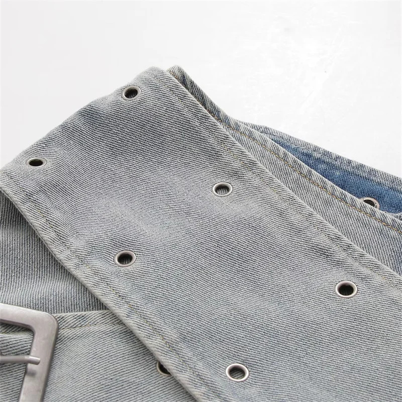 KEYANKETIAN Eyelet Cross Belt Decoration Womens Denim Mini Skirt Y2K Sexy Zip-up Slim Package Hip Stretch Skirt 250320