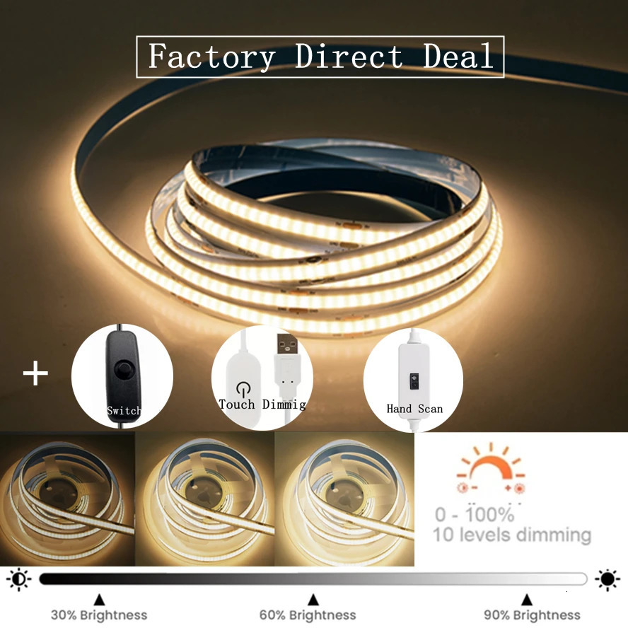 5V multicolor USB LED strip light COB switch touch sensor dimmable tape TV mirror backlight kitchen room night 250311