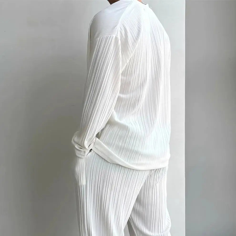 Ultra thin solid color sexy deep V cardigan knitted sweater casual fashion set two-piece set for men 250320