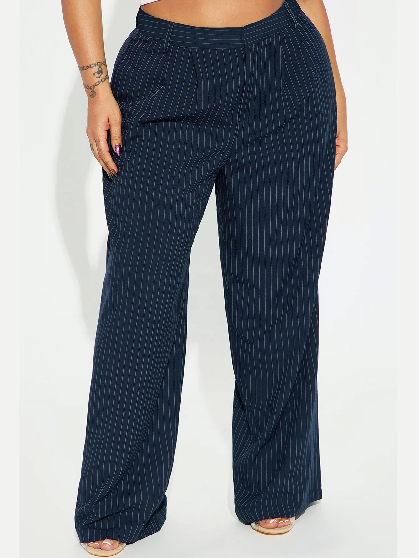 Ladies plus size springsummer elegant casual contrasting striped elastic waistband loose straight leg pants 250320