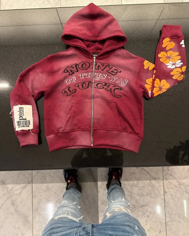Street Gothic Punk Clothing Fashion Trend Fourleaf Clover Printed Oversized Hoodie Men Casual Versatile Loose Zipper Sweatshirt 250317