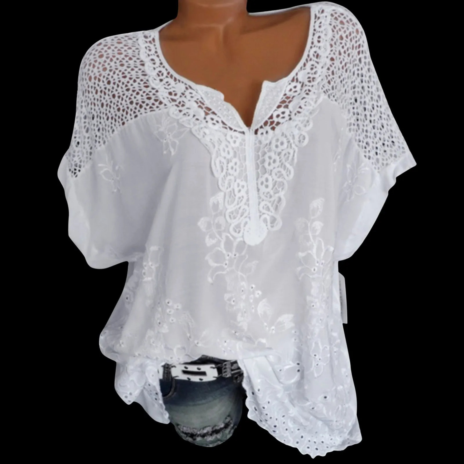 Women Shirts Women Lace Hollow Lace V Neck Embroidered Short Sleeved Bat Shirt Top Spandex T Shirt 250320