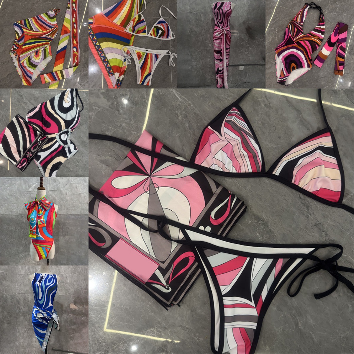 Brand Color Blocked Bikini Swimwear with Headband Designer Women Summer Beach Vacation Resort Outfit One Piece Halter Swimsuit Cover Up Scarf Ski