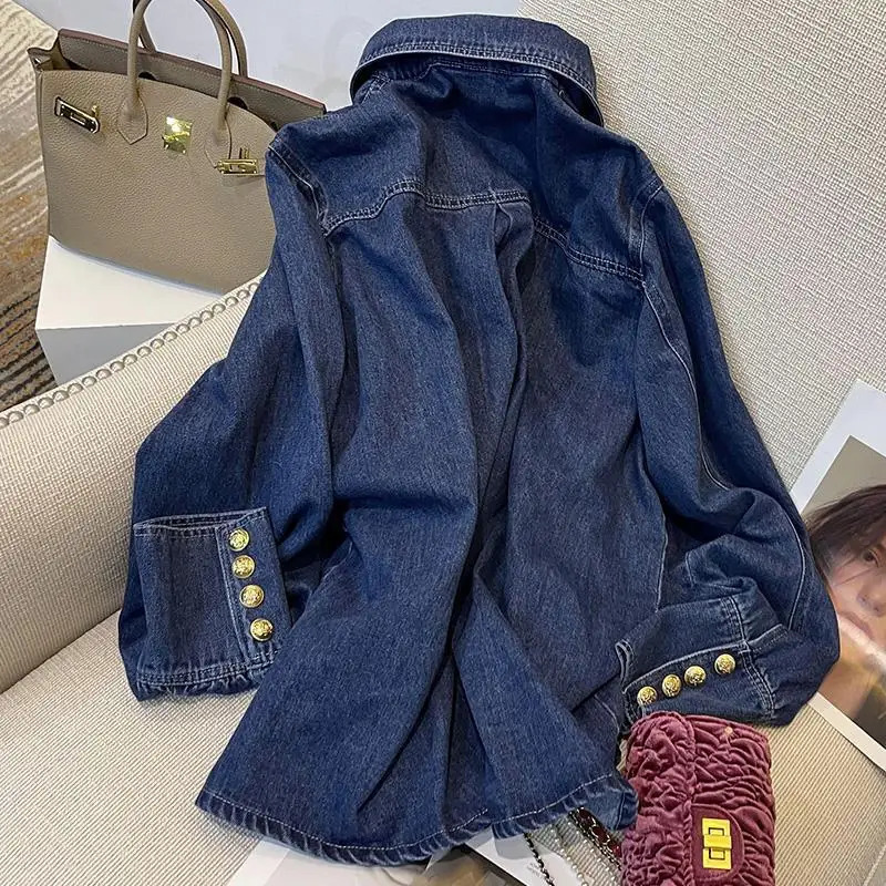 Retro denim womens spring/summer womens shirt sense niche shirt French Exquisite fashion top womens shirt 250317
