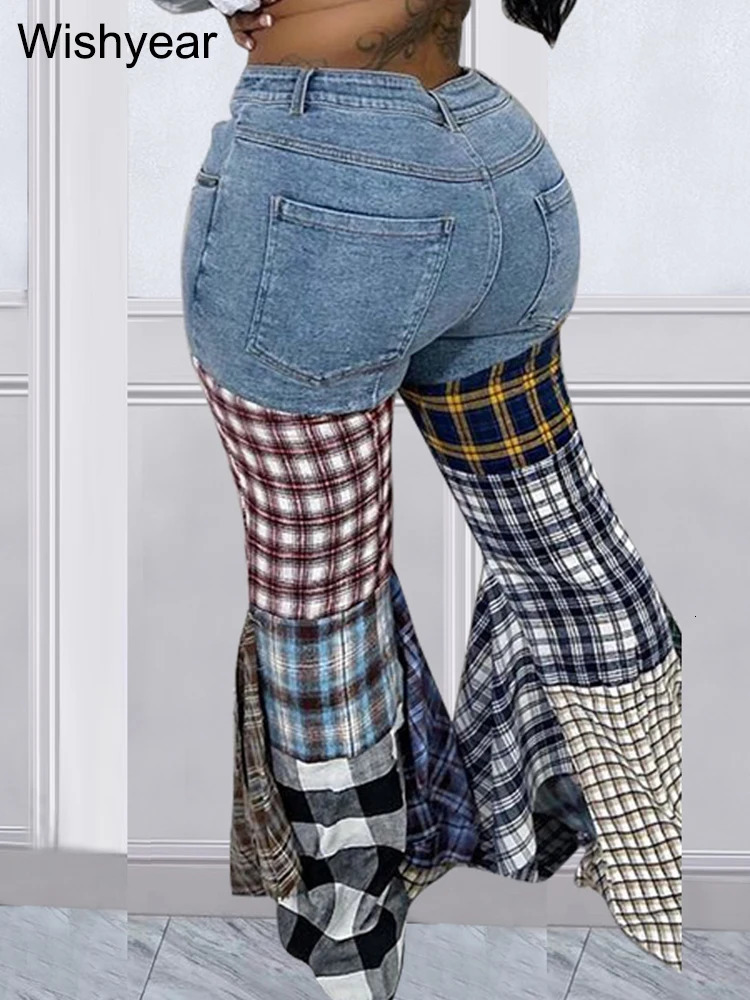 Colorful Plaid Patchwork Flare Baggy Jeans Women Fashion Mid Waist Streetwear Denim Boot Cut Pants Birthday Trouers y2k bottoms 250320