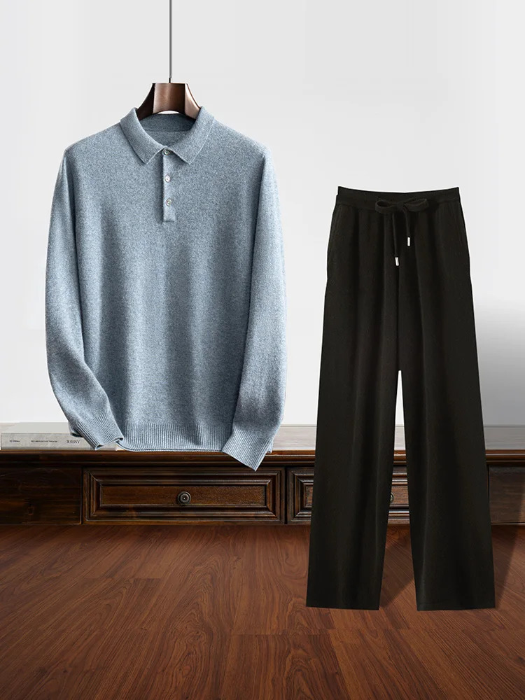 Mens Cashmere Polo Pullover Sweater Casual Soft 100% Cashmere Knitwear High-waisted Pants Spring Autumn Clothes Solid Set 250320
