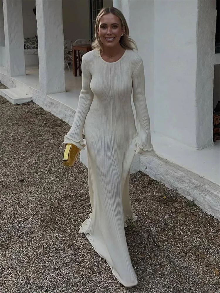 Tossy Knitted Lace Ruffle Womens Long Dress Patchwork Ribbed Loose Fashion Bandage Elegant Dress Womens Knitted Maxi Dress 250320