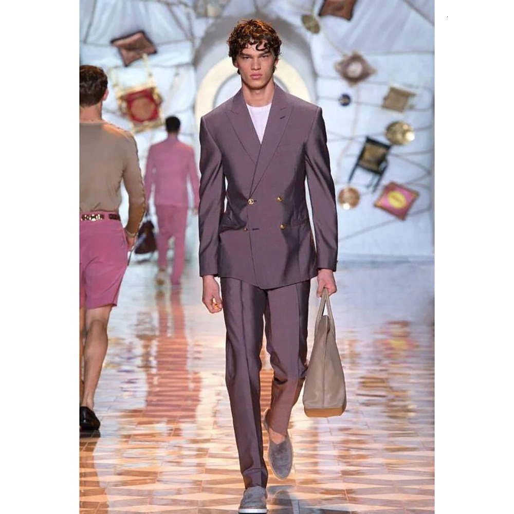 Satin Double Breasted Men Suit Two PiecesJacketPants Lapel Outfits Chic Casual Party Prom Wedding Set 250311
