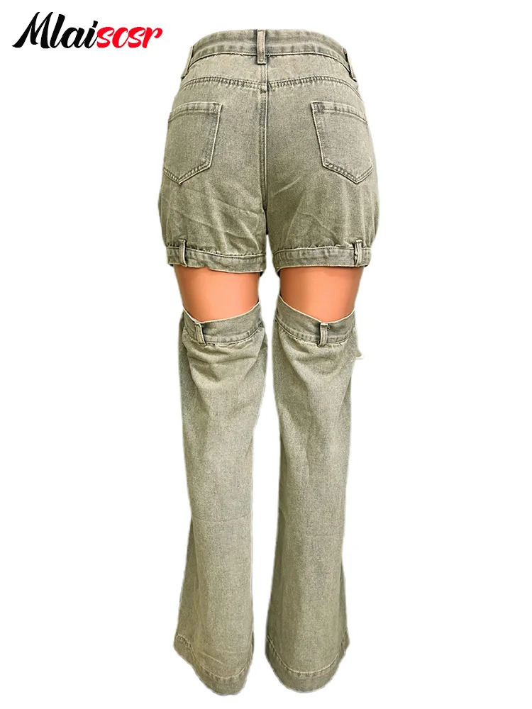 Mlaiscr Retro Hollow Spliced Denim Pants Womens Button High Waist Wide Leg Jeans Straight Trouser Street Clothing Bottom 250314