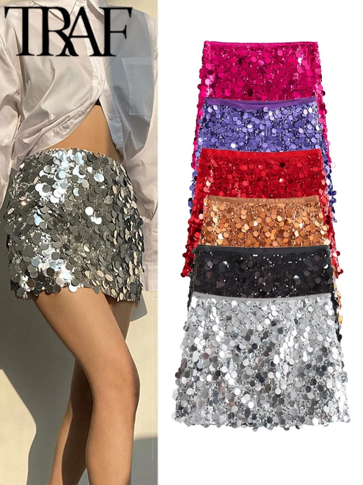 TRAF ROBE Y2K Shiny Sequins Women Skirt 2025 Spring Zipper High Waisted Package Hip Skirt Female Mini Skirt Extreme Short Skirt 250320