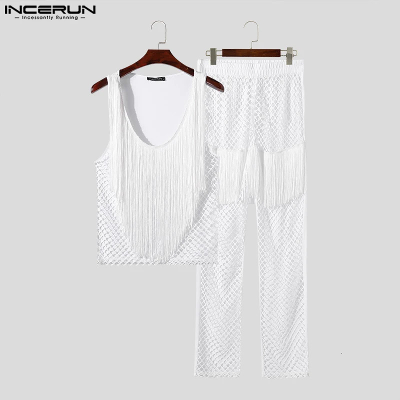 INCERUN mens mesh fringe patch hollow transparent sleeveless vest and pants 2PCS streetwear mens set S-5XL 250318