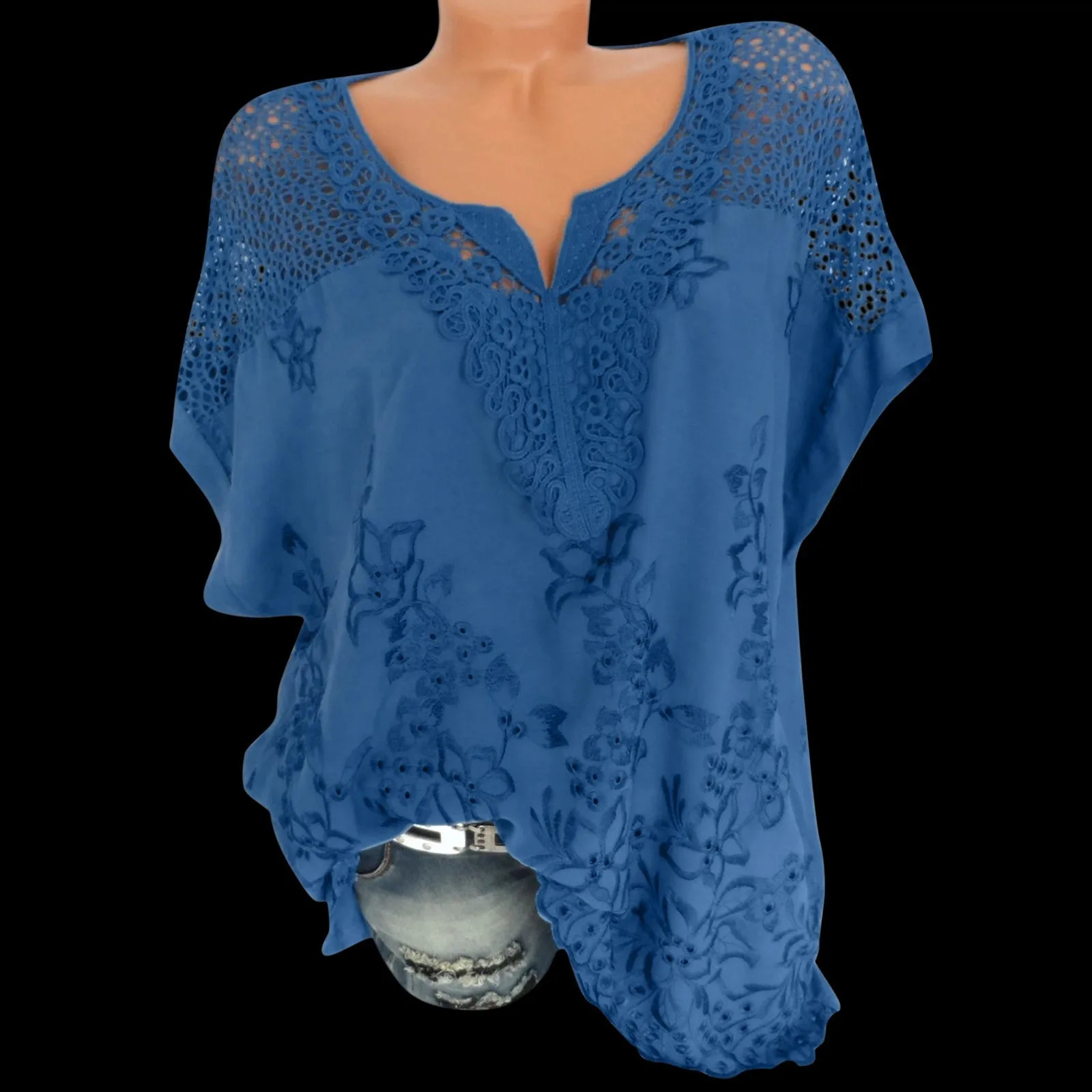 Women Shirts Women Lace Hollow Lace V Neck Embroidered Short Sleeved Bat Shirt Top Spandex T Shirt 250320
