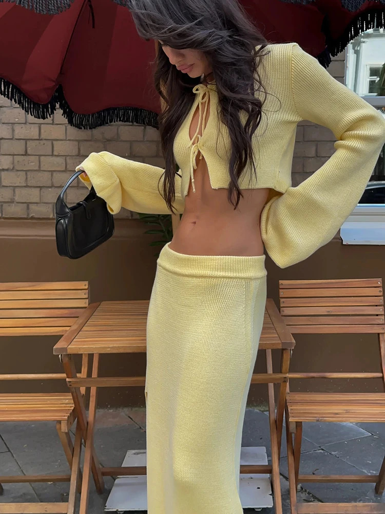 TARUXY Fashion Knitted Cardigan Skirt Suit Female Lace Up Full Sleeve Top High Slit Long Skirt Summer Womens Elegant Dress Sets 250317