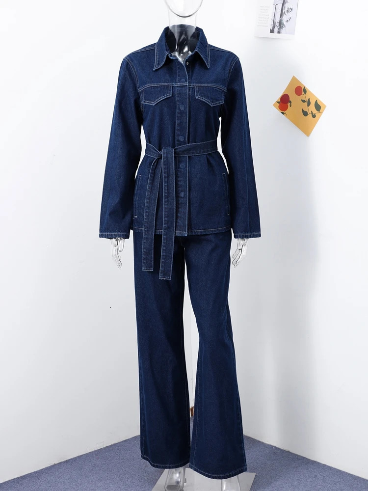 Retro Belt Denim Jacket Pants Set for Women Flip Collar Single Chest Lace Top Straight Trouser Spring Loose Womens Wear 250320