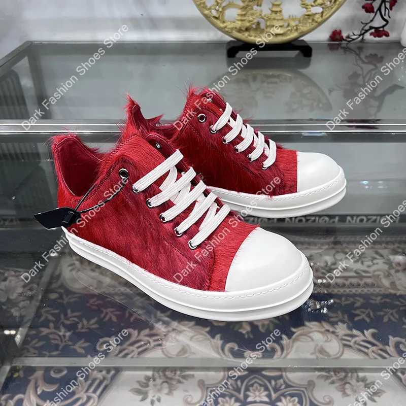 24ss new horsehair low top high-quality casual shoes deep red mens leather thick soled lace luxury sports ribbed sports shoes Y250320