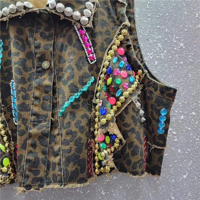 Women Leopard Print Sequined Denim Vest Summer Sleeveless Rivets Jeans Coat High Waist Rhinestones Jacket Waistcoat Crop Tops 250320