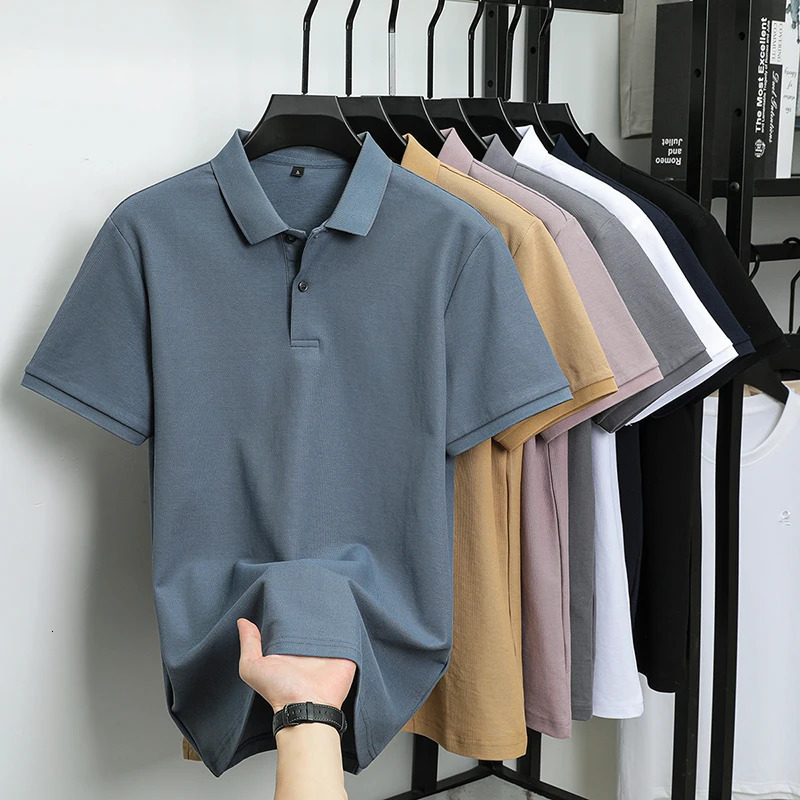 100% pure cotton high neck polo shirt short sleeved summer business ice silk lapel T-shirt solid color Paul mens clothing 250320