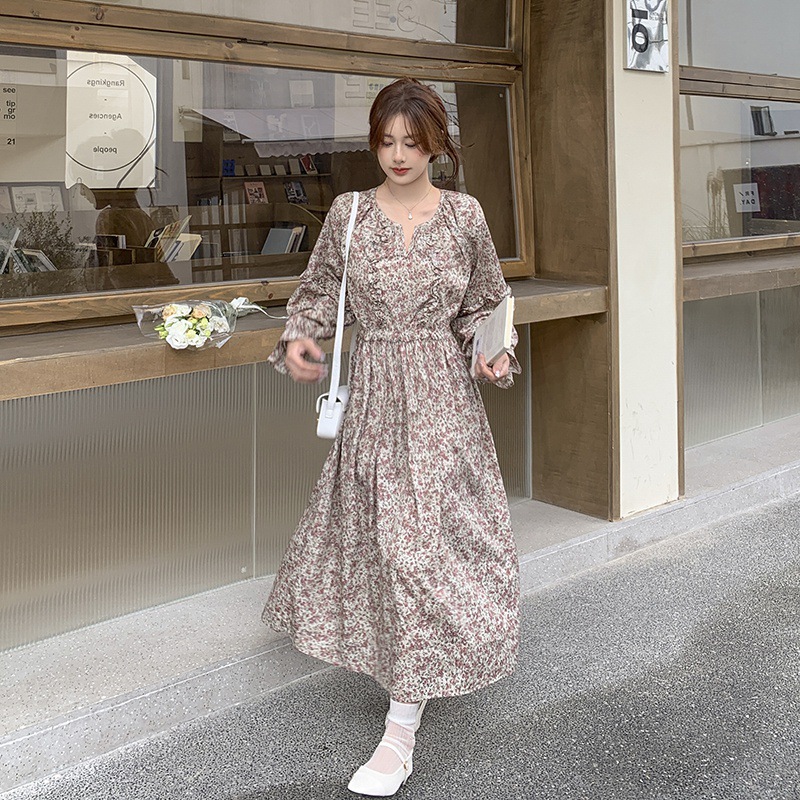X300 Floral Dress Women Spring French Gentle Tea Dress V-neck Floral Dress