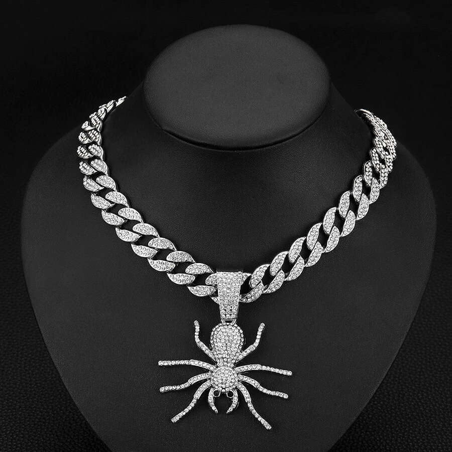 Hip hop buckle with dia inlay, thick Cuban chain spider pendant, personalized trendy hiphop men's insect necklace