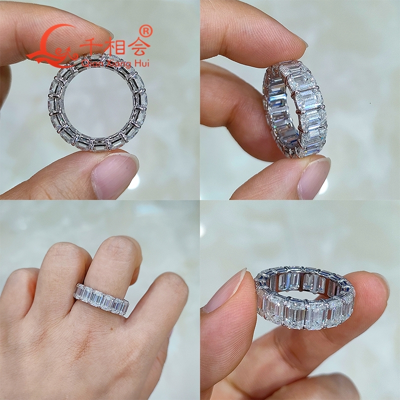 4*6mm emerald cut D white moissanite full eternity band 925 Sterling Silver Ring Jewelry Rings Engagement Ladies men gift