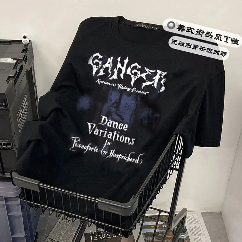 Summer American mens and womens trendy pure cotton short sleeved Tshirt suitable for couples loose retro letter printed shirt 250312