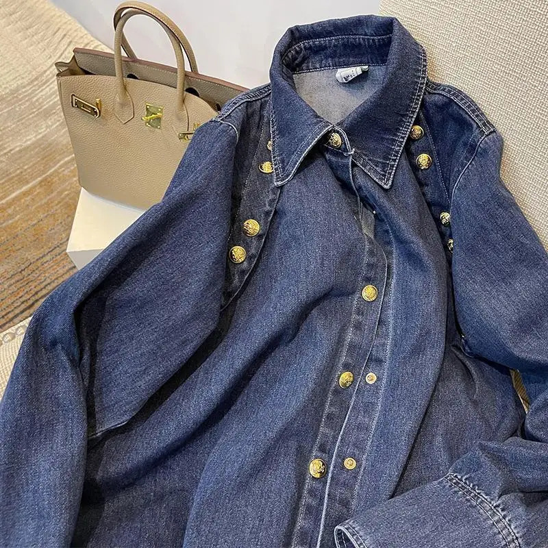 Retro denim womens spring/summer womens shirt sense niche shirt French Exquisite fashion top womens shirt 250317