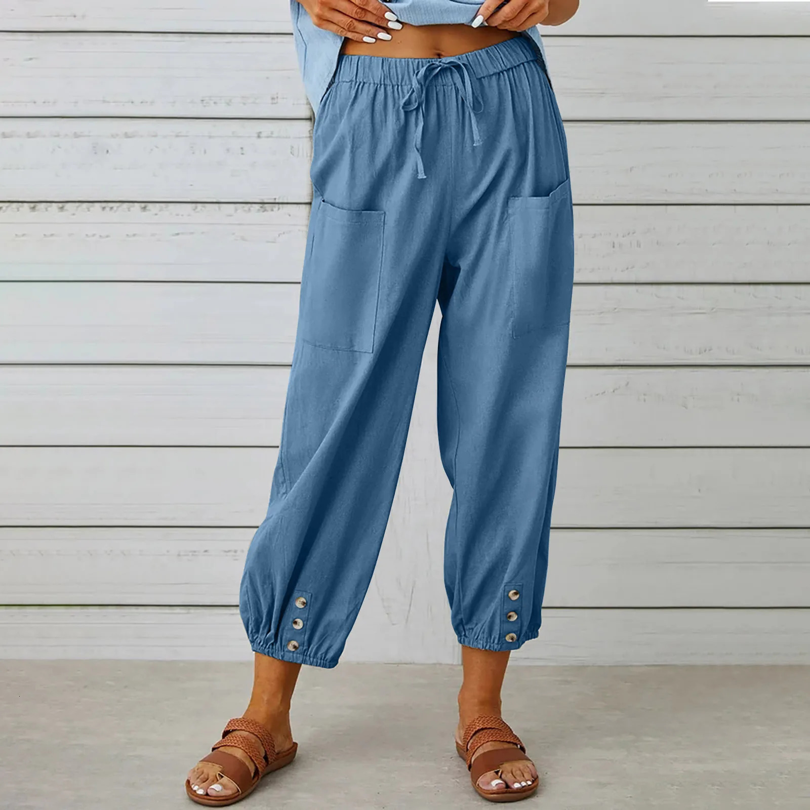 loose high waisted button cotton and linen pants 910 wide leg womens 250320
