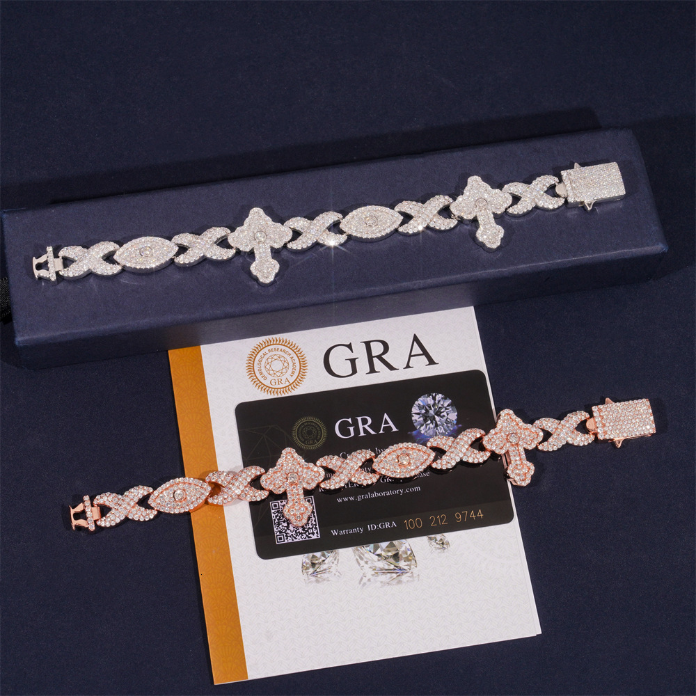 Diamond hair new 12mm hip-hop mens bracelet 925 silver full set moissanite eye cross HIPHOP