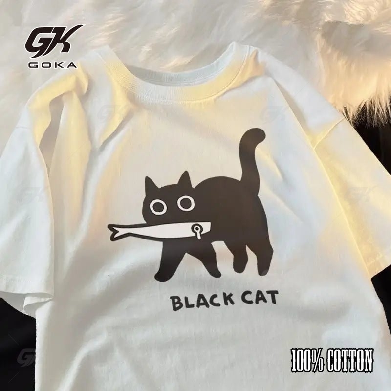 Fashion Women Cotton Tshirts Kawaii Cartoons Black Cute Cat Printing Tees Unisex ONeck Loose Tops Street Casual Female Clothes 250311