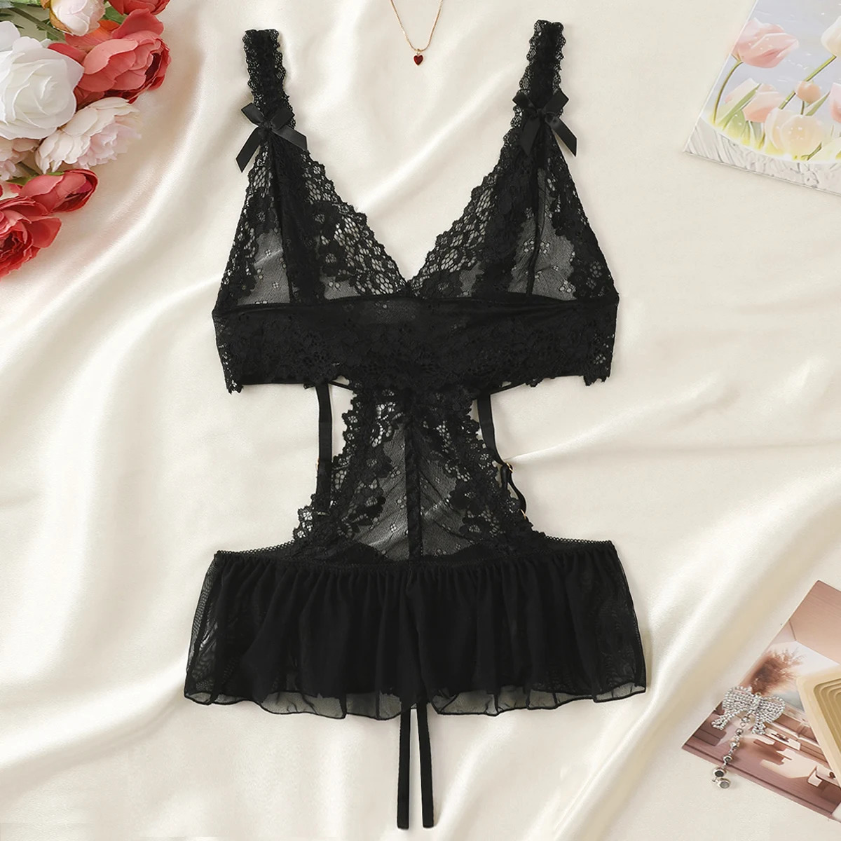 Sexy Crotchless Lingerie Women Lace Hollow Floral Bodysuit Exotic Pajamas Teddy Babydoll Dress Deep V Open Bra Underwear Set 250320