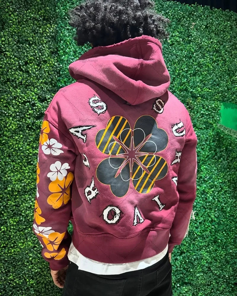 Street Gothic Punk Clothing Fashion Trend Fourleaf Clover Printed Oversized Hoodie Men Casual Versatile Loose Zipper Sweatshirt 250317