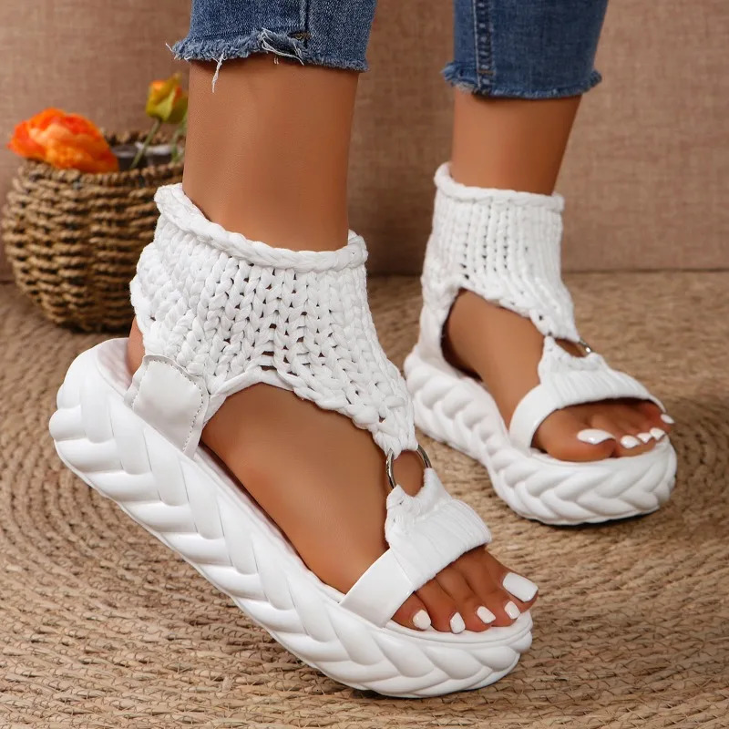 Fashion sandals summer round toe shallow mouth knitted metal trap foot anti slip and wearresistant flat midsole shoes 250321BJ - view 3
