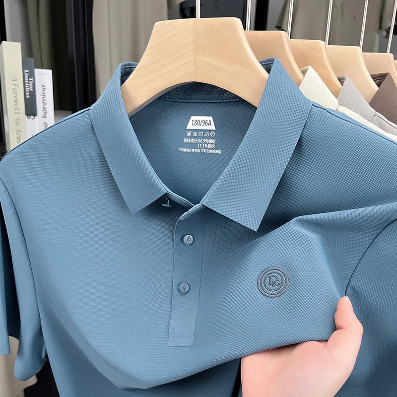 High end short sleeve polo shirt mens 2025 summer trend letter embossed top silk comfortable breathable lapel T-shirt 250321