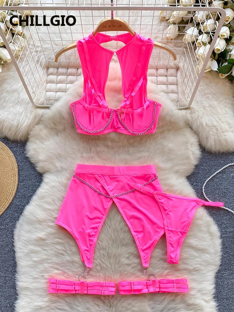 CHILLGIO Women Chain Sexy Bra Briefs Suits Fashion Three Pieces Bra Underpants Outfit Bodycon Sexy Solid Push Up Lingerie Sets 250320