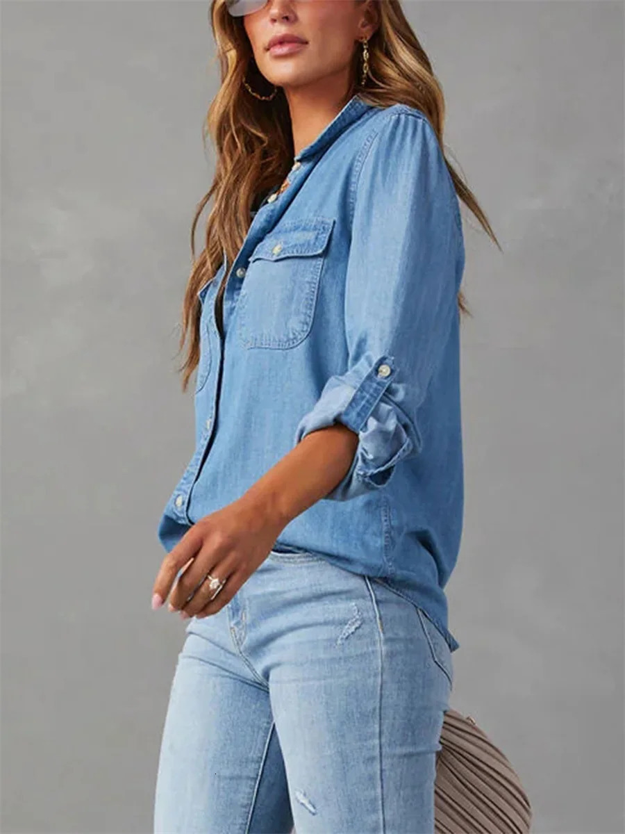 Womens Denim Shirts Solid Color Turn Down Collar Long Sleeve Jean Blouses Spring Loose Casual Tops Streetwear 250317