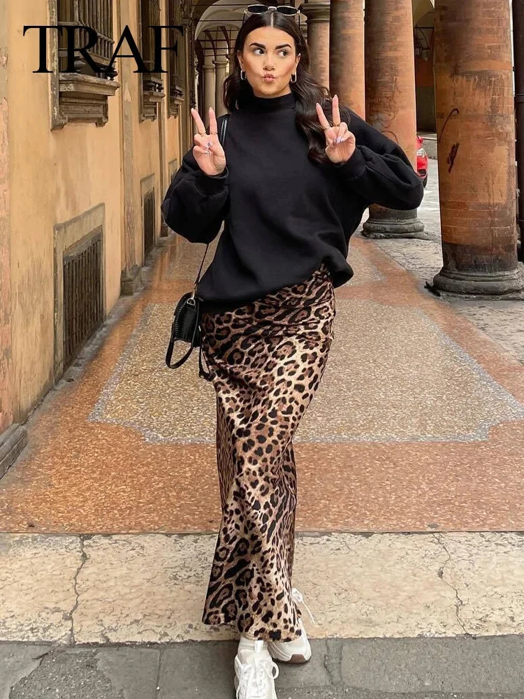 TRAFZA Female Elegant Midi Skirts Retro Leopard Print High Waist Satin A-Line Womens Fashion Bottoms Streetwear Midi Skirt 250320