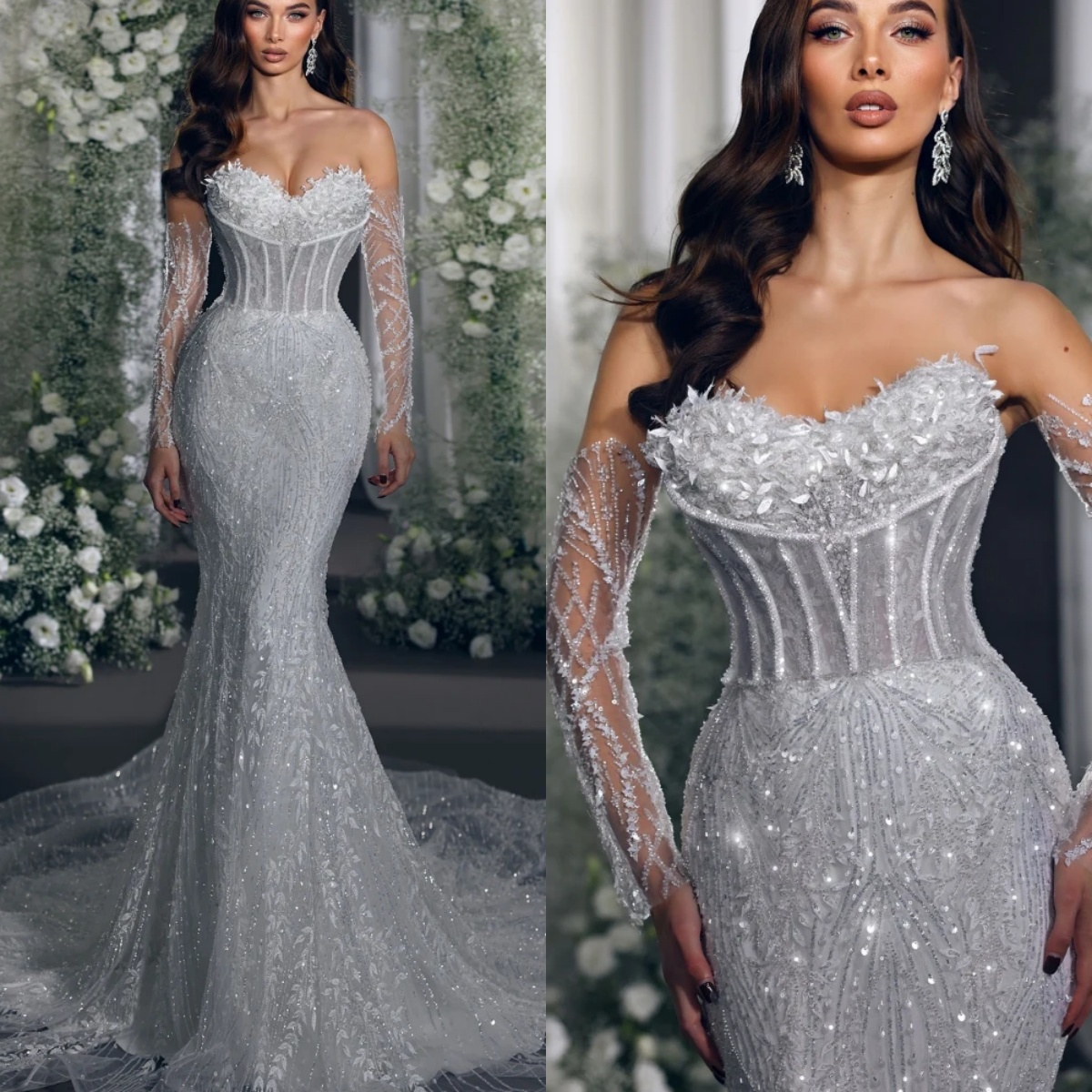 Designer Mermaid Wedding Dress Strapless Removable Sleeves Bridal Gowns Sequins Appliques Sweep Train Dresses Custom Made vestidos de novia