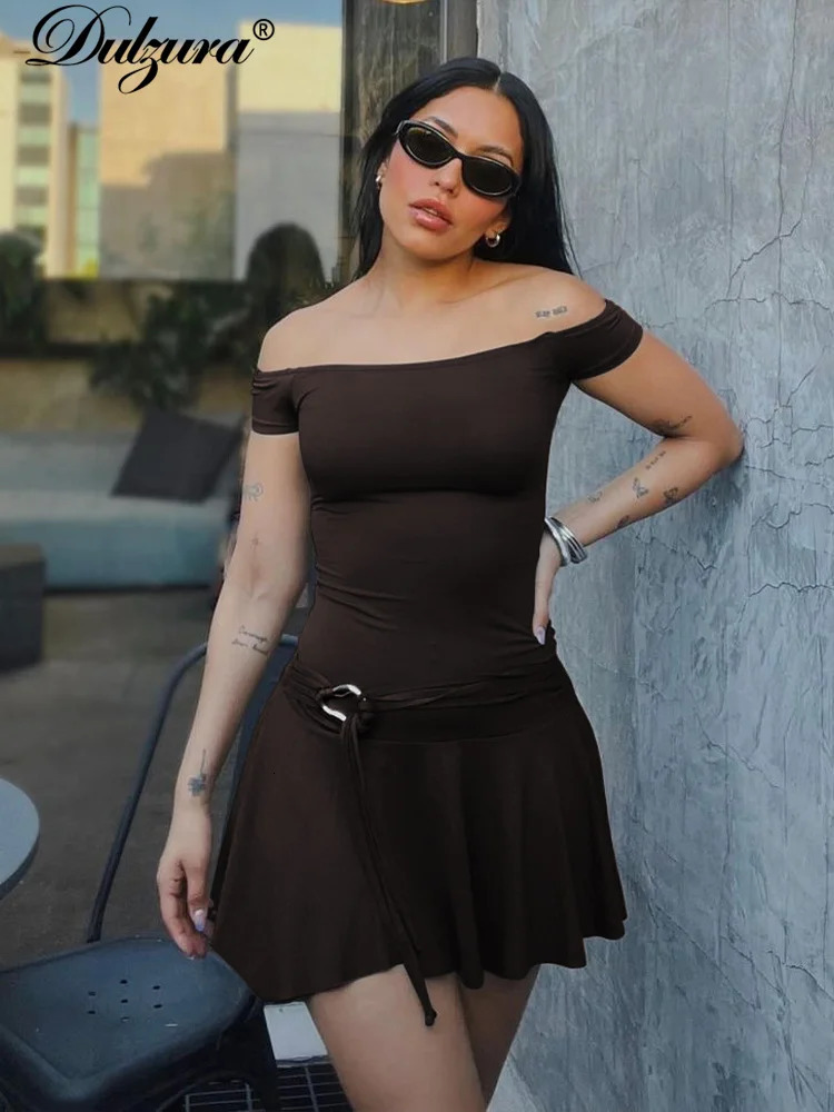 Dulgura Shoulder Mini Dress Solid Sexy Autumn Womens Wear Y2K Clothing Dubbing Birthday Party Club Wholesale 250320