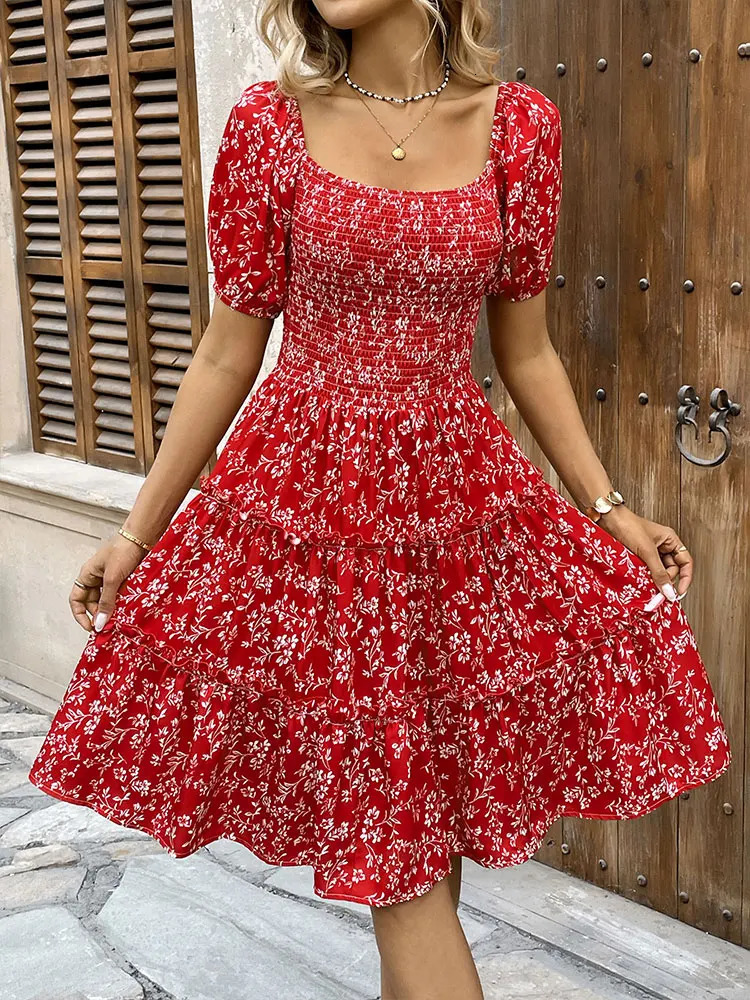 Spring womens mini dress streetwear fashion short sleeved printed casual slim fit red sexy backless elegant 250320