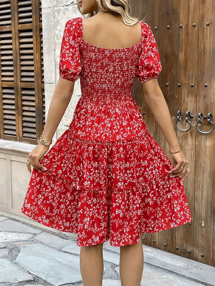 Spring womens mini dress streetwear fashion short sleeved printed casual slim fit red sexy backless elegant 250320