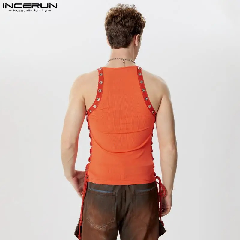 INCERUN Mens Tank Tops Patchwork Lace Up O-neck Sleeveless Vests Summer Fitness Streetwear Hollow Out Fashion Mens Clothing 250318