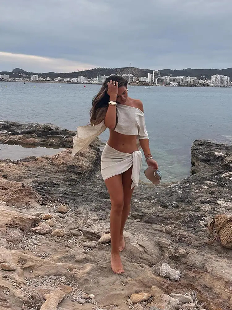 White Elegant Womens Summer Vacation Cotton Linen Crop First 2-piece Set Fashion White Mini Leather Jacket Womens Beach Set 250318