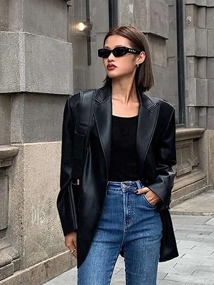 Vintage Women PU Leather Jacket Casual Single-Breasted Long Sleeve Loose Female Coat With Pocket Autumn Chic Ladies Streetwear