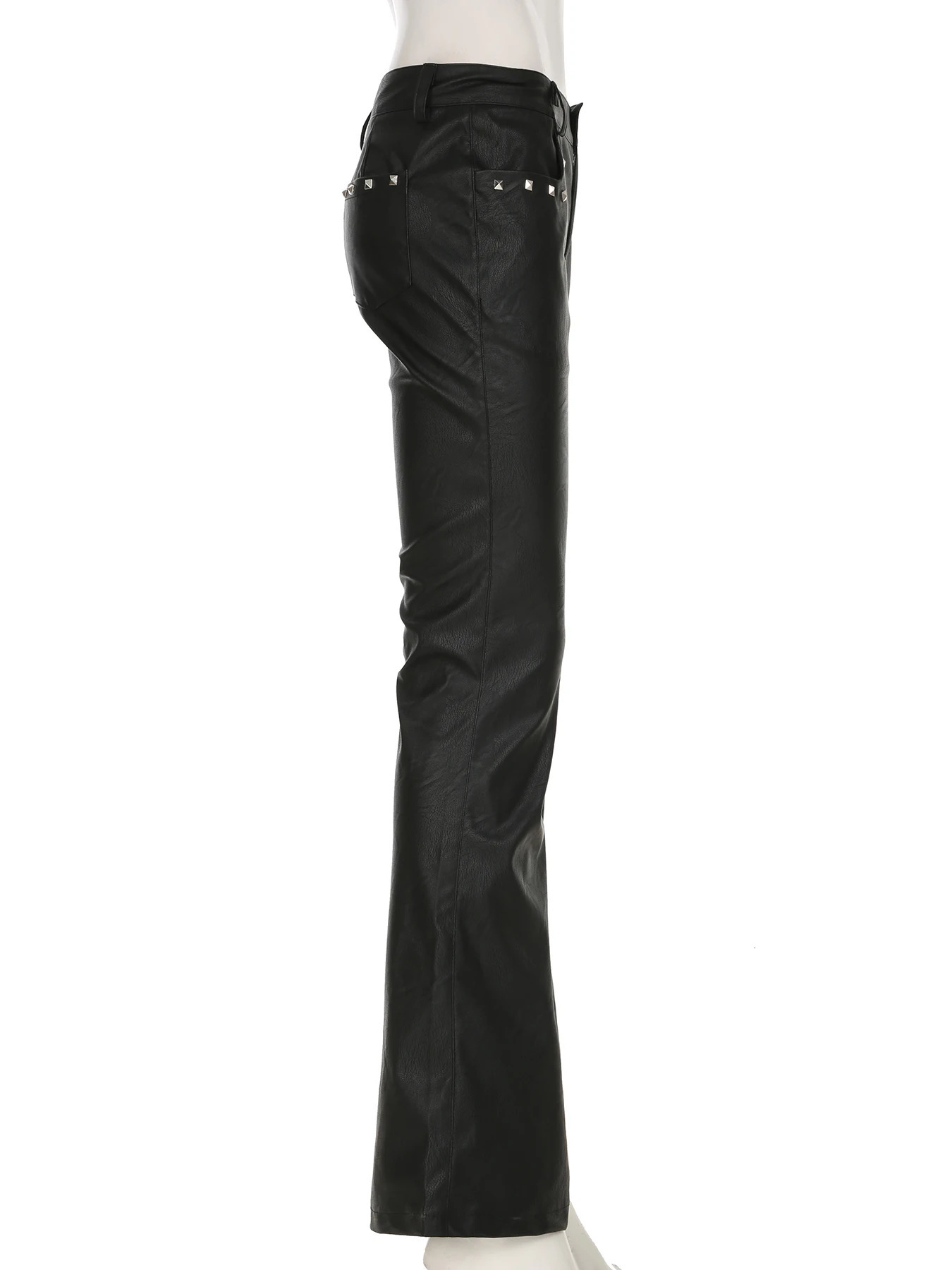 IAMSURE Punk Style Rivet Pu Leather Flare Pants Gothic Ultra Thin Solid Low Waist SpringSummer 2025 Womens Wear 250320