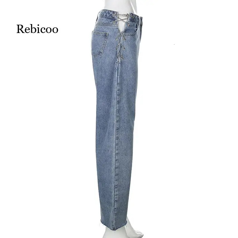 Side cross chain hollow outer wide leg womens jeans high waisted pants sexy and elegant womens punk bottom womens pants loose blue 250320
