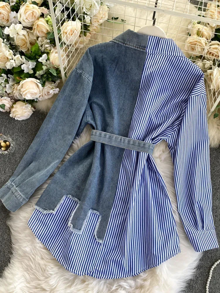 Spring and Autumn Womens Denim Shirt Color Comparison Patch Work Lace Top Display Thin Version Top Fashion GD596 250317